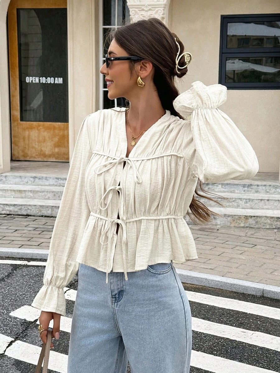 SHEIN Frenchy قميص نسائي كاجوال لليومية بأكمام طويلة وأربطة بسيطة - لون مشمشي - مشاهدة 1