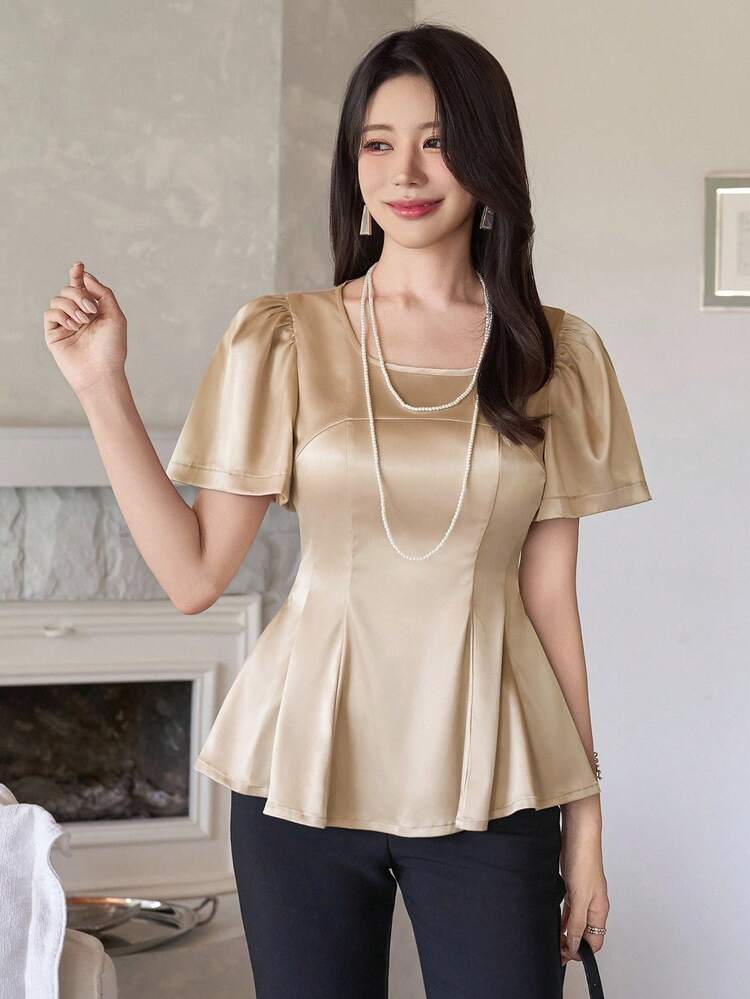 Women's Solid Color Round Neck Short Puff Sleeve Fashion Blouse