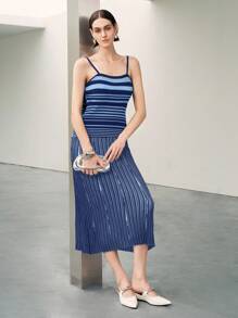 Elenzga Women's Casual Everyday Contrast Stripe Pattern Sleeveless Knit Dress, Summer Knitted Sweater - Blue - View 6