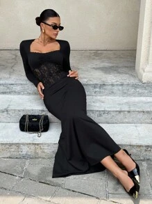 Siren Gaze Old Money Dress Date Night Dress Dresses For Wedding Guest Women's Black Lace Patchwork Fishtail Dress With Long Sleeves Solid Color Contrast Lace Long Sleeve Pleated Fitted Elegant Dress