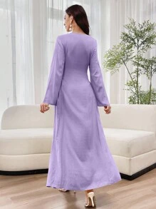 Al Najma Women's Floral Print Decorated Long Sleeve Side Tied Arabian Dress - Purple - View 2