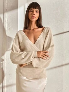 CLARA VERO Pullover da donna a costine a doppio petto di colore unito - Beige - Visualizzare 3