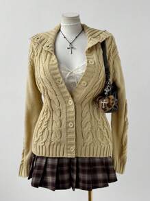 Sunspun Plus Size Women's Collegiate Style Turndown Collar Front Button Knit Cardigan Sweater, Elegant Knit Cardigan Sweater, Suitable For Autumn/Winter Vintage Fall Cloth For Women - Apricot - View 4