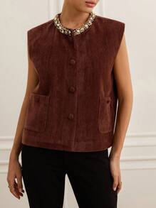 Revavyn Autumn/Winter New Rhinestone Decor Collar Pocket Vest Jacket - Brown - View 6