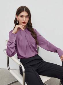 BizChic 女式秋季不对称褶饰宽松长袖上衣，基本款简约优雅商务休闲办公装，适合教师、婚礼、音乐会 - 紫色 - 查看 5