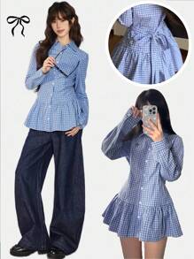 FRIFUL 女式格子衬衫，背部蝴蝶结，荷叶边下摆，刺绣蝴蝶结装饰，适合秋季格子上衣女式格子衬衫荷叶边上衣系带上衣格子衬衫长袖上衣 - 藍色 - 查看 1