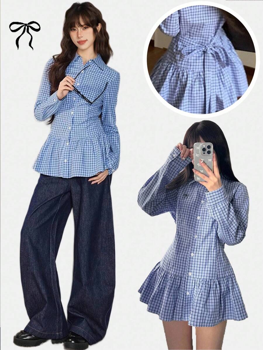 FRIFUL 女式格子衬衫，背部蝴蝶结，荷叶边下摆，刺绣蝴蝶结装饰，适合秋季格子上衣女式格子衬衫荷叶边上衣系带上衣格子衬衫长袖上衣 - 藍色 - 查看 1