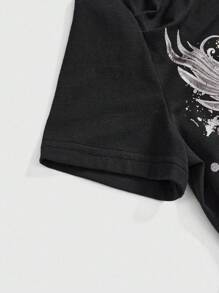 ROMWE Grunge Punk Y2K 心形和藤蔓水钻装饰性感修身褶皱肩部短袖 T 恤女款