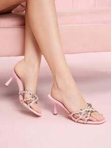 CUCCOO DOLLMOD 粉色缎面罗缎条纹装饰法式优雅淑女尖头高跟凉鞋 - 粉色 - 查看 4