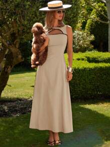 COSMINA Elegantes ärmelloses Kleid mit Hohlmuster, geeignet für Frühlings-/Sommerurlaub - Aprikosenfarben - Übersicht 3