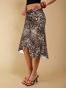 COSMINA 秋季女装时尚女装豹纹低腰不对称下摆半身裙，女装西部风，波西米亚风女装，Y2K 女装，女士演唱会服装 - 黑與白 - 查看 5