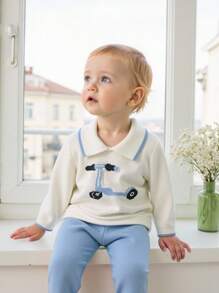 SHEIN Playful Pals 2pcs Baby Boy Casual Sweater Co-Ord Set - White Sweater With Toy Car Pattern + Knitted Blue Pants, Soft & Comfortable For Daily, Outing, Travel, Holiday, Home, Daycare, And Play Fall Winter - Blue and White - View 2