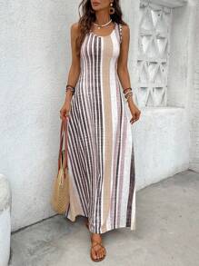 Breezaya Đầm suông không tay họa tiết sọc tương phản cho kỳ nghỉ hè thường ngày của phụ nữ - Màu be - Xem 4