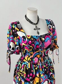 Sunspun Halloween Y2K Dark Skull Skeleton Subculture Short Sleeve Dress - Multicolor - View 4