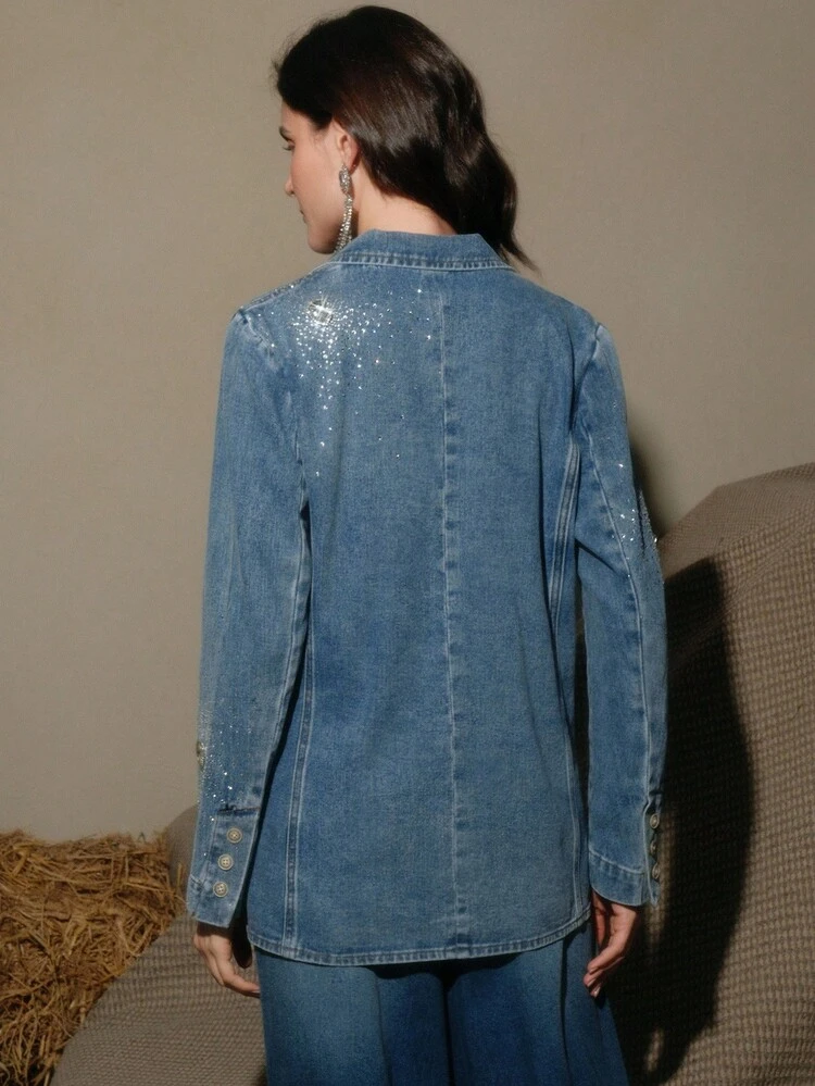 Veste en jean ample ornée de strass à la mode pour le transport en commun