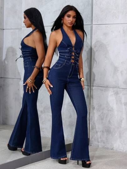 Jeanoix Y2K Sexy Halter Tie-Front Bow Casual Denim Jumpsuit With Flared Legs