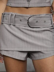 TypaGal Gray Pinstripe Skort With Belt,Summer 90s Night Party 2000s Style Streetwear Tailored Edge Hidden Shorts,Punk Essential Essential For Women - Light Grey - View 3