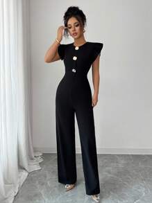 Rafferiza Front Zip Closure, Flutter Sleeves, Metal Buttons, Jumpsuit - Black - View 4