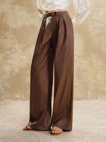 Arave Pantalones casuales plisados de diseño de cuero sintético estilo francés holgado para ir al trabajo, vuelta al colegio, otoño, primavera - Café integral - Ver 1