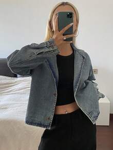 DAZY Women's Turndown Collar Loose Short Casual Denim Jacket And Coat - Medium Wash - View 4