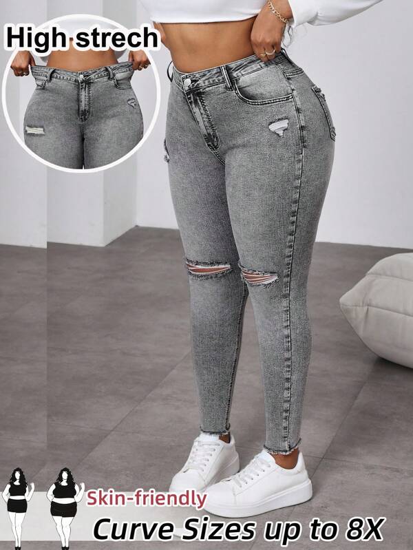SHEIN CURVE+ Große Größen graue Jeans, bequeme Stretch-Denimhose für den Sommer mit Rissen und Taschen, Kurvenpassform, Hoho Urlaub