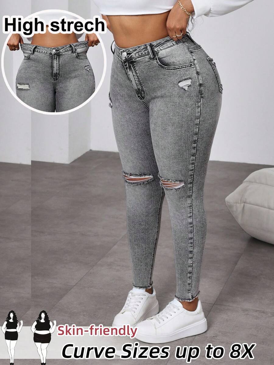 SHEIN CURVE+ Plus Size Grey Jeans Comfortable High-Stretch Denim Summer-Friendly Ripped Leggings With Pockets, Curve Plus, Boho Vacation - Grey - View 1
