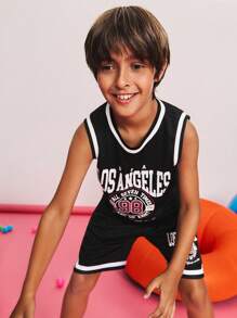 SHEIN Tween Boy Loose Casual Minimalist Comfortable Round Neck Sleeveless Contrast Trim Tank Top And Shorts Set ,Back To School Season, Christmas - Black - View 6