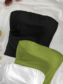 Soleia Bộ 3 áo ống bó sát màu trơn đơn giản dành cho nữ, thích hợp cho mùa hè - Nhiều màu - Xem 3