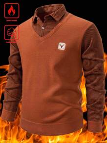 Calvornis Men's Contrast Color Patchwork Knitted Sweater With Thermal Lining - Rust Brown - View 1