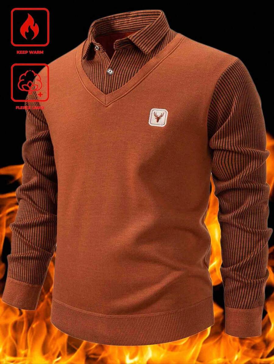 Calvornis Men's Contrast Color Patchwork Knitted Sweater With Thermal Lining - Rust Brown - View 1