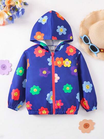 Girls' Colorful Vacation Cartoon Floral & Smiling Face Print Long Sleeve Elastic Cuff Loose Dropped Shoulder Hooded Jacket, Suitable For Autumn/Winter Casual Outings