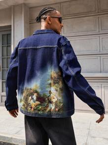 Manfinity EMRG Retro American Loose Fit Casual Jacket, Digital Print Lapel Denim Outerwear - Blue - View 1