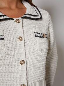 COSMINA Women's Contrast Color Striped Metal Button Thin Cardigan, Autumn/Winter - Black and White - View 7