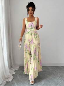 Elenzga 方领腰部收紧褶裥下摆郁金香印花连衣裙