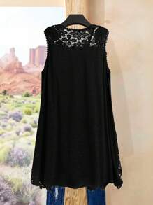 Rusticease Plus Size Solid Color Hollow Out Sleeveless Long Jacket Winter Fall Autumn - Black - View 2
