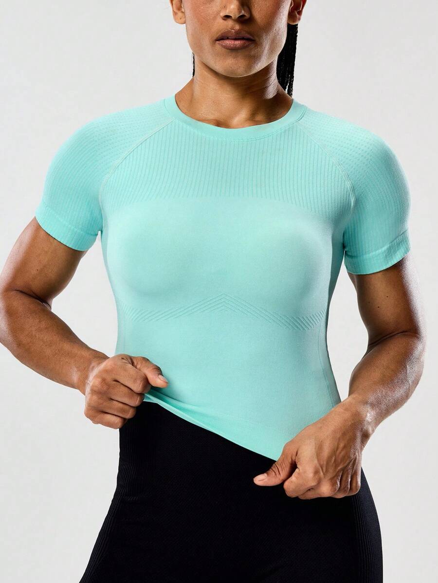 SHEIN Sports Áo thun thể thao ôm vừa vặn tay ngắn màu trơn thường ngày dành cho nữ - Màu xanh lam - Xem 1