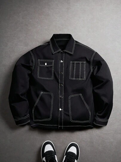 Manfinity EMRG 男士拼色条纹设计休闲夹克、工作夹克、男士黑色夹克、黑色工作夹克、男士短袖外套、男士黑色夹克