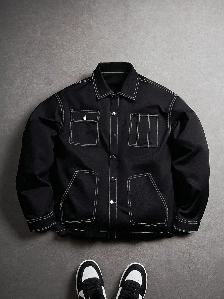 Manfinity EMRG Men's Color Block Striped Design Casual Jacket , Work , , , Shacket , Mens Canvas S Shirts - Black - View 1