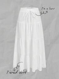 SHEIN EZwear Women Casual Resort Multi-Layer Cake Style Skirt, Suitable For Summer, Vacation Suitable For Going Out Chic Dress