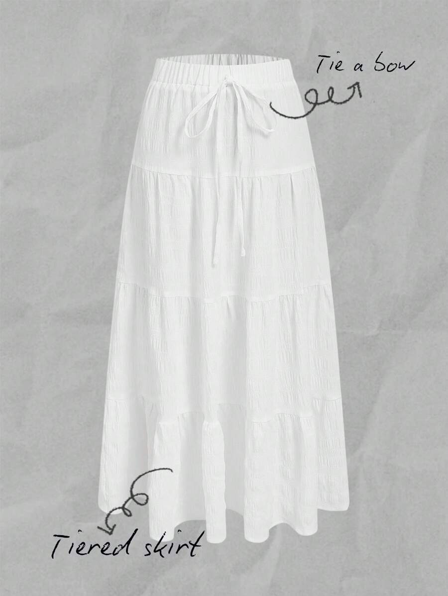 Girlism Tween Girls' Casual Vacation Tie-Waist Skirt, Suitable For Summer, Suitable For Vacation - White - View 1