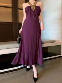 DAZY Đầm midi không tay cổ chữ V đính sequin cho nữ, đầm cưới nữ, đầm hè nữ, đầm chống nắng. - Màu tím - Xem 9