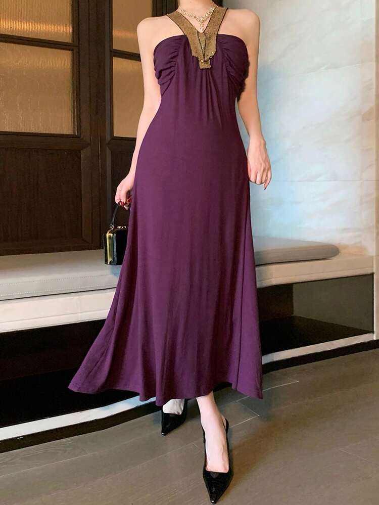 Sequin Patchwork V-Neck Sleeveless Midi Dress For Women Wedding Women Dresses Summer Women Dresses Sundress