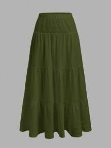 SHEIN MOD 休闲纯色军绿色女式A字裙，适合春、夏、秋季 - 軍綠色 - 查看 1