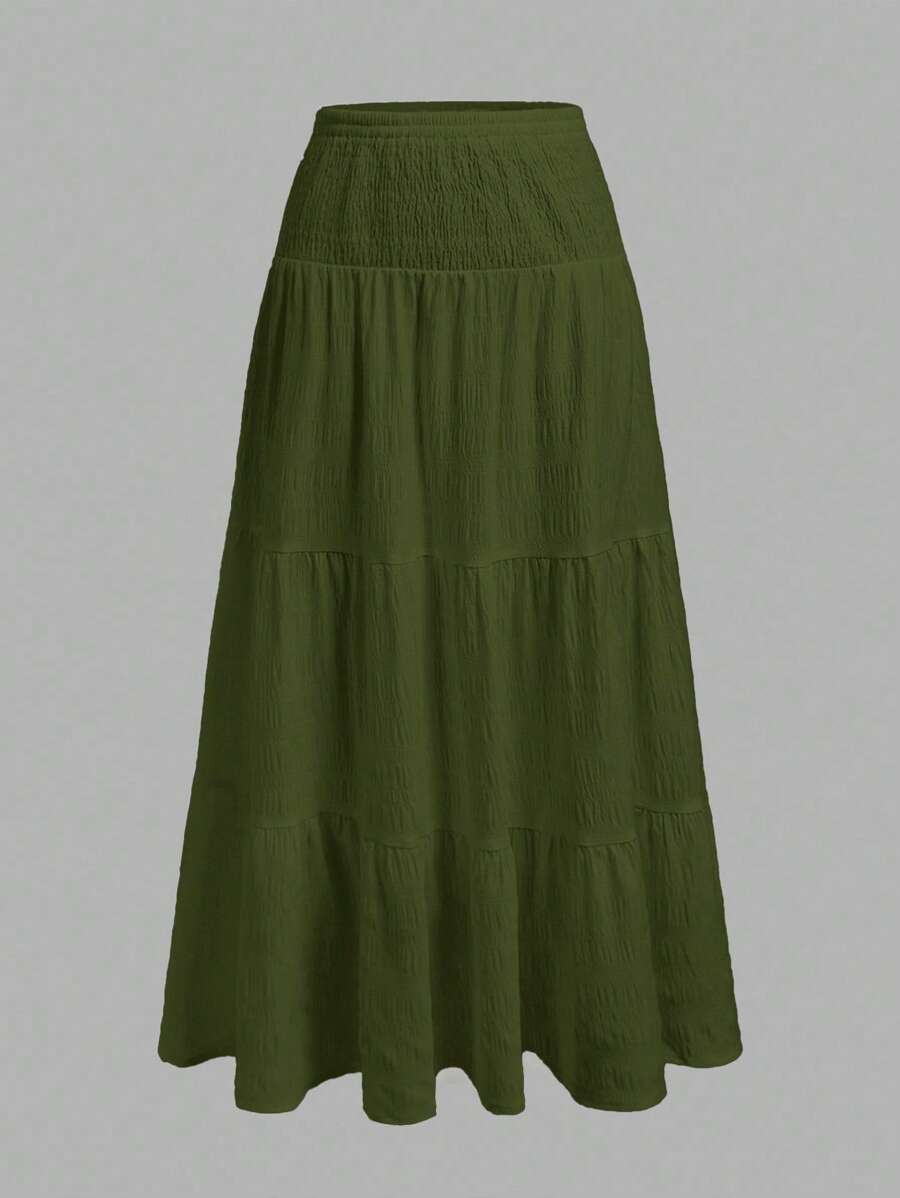 SHEIN MOD 休闲纯色军绿色女式A字裙，适合春、夏、秋季 - 軍綠色 - 查看 1