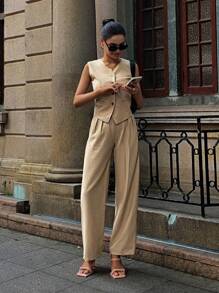 DAZY Completo da donna 2 pezzi, gilet e pantaloni in stile minimalista - Cachi - Visualizzare 6