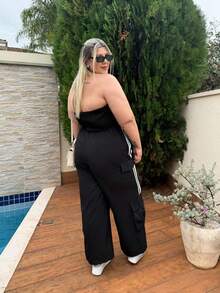 magalhaesca Plus Size Fashionable Jumpsuit, Suitable For Back To School, Outing, Campus Style, Daily Wear, Contrast Striped Patchwork Large Pocket Design, Stylish And Likable - Black - View 2