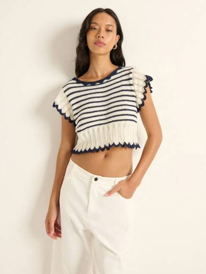 Nöista 女式休闲拼色条纹短款针织上衣，夏季