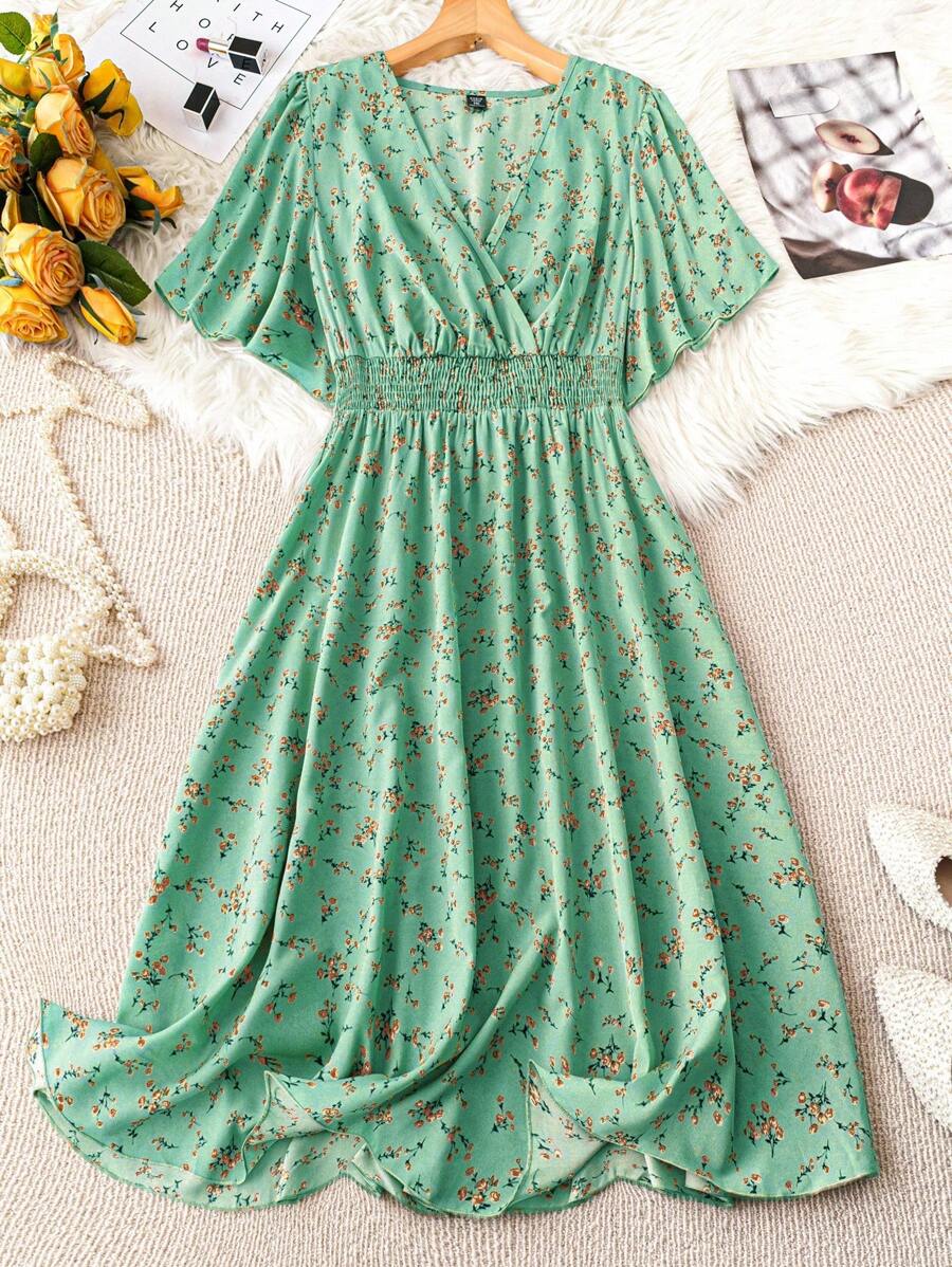 SHEIN Clasi 加大码 V 领交叉裹身碎花短袖连衣裙长款女装 - 彩色 - 查看 1