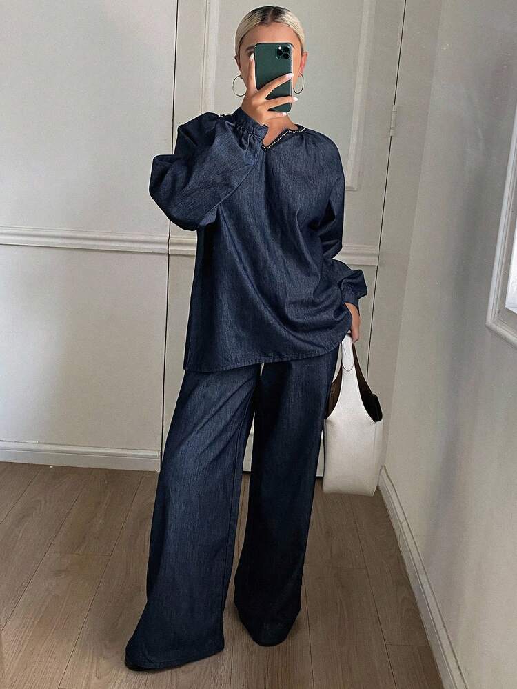 2pcs Women Rhinestone Trim V-Neck Long Sleeve Top And Loose Fit Pants Casual Denim Suit, Vacation Style