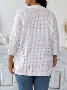 EMERY ROSE 大码镂空V领休闲度假针织套头衫秋冬款 - 白色 - 查看 2